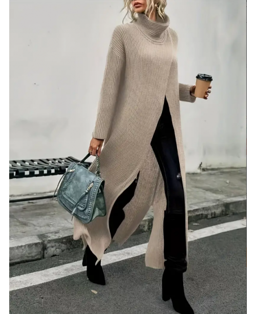 High Neck Split Dress, Elegant Long Sleeve Solid M...