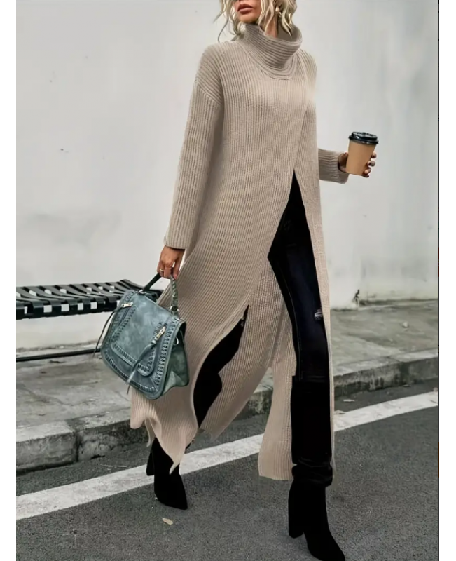 High Neck Split Dress, Elegant Long Sleeve Solid Maxi Dress, Women's Clothing